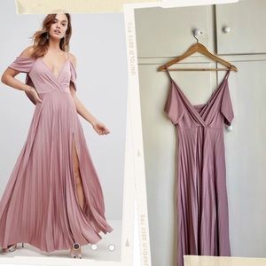 Cold Shoulder Cowl-back Pleated Maxi Dress